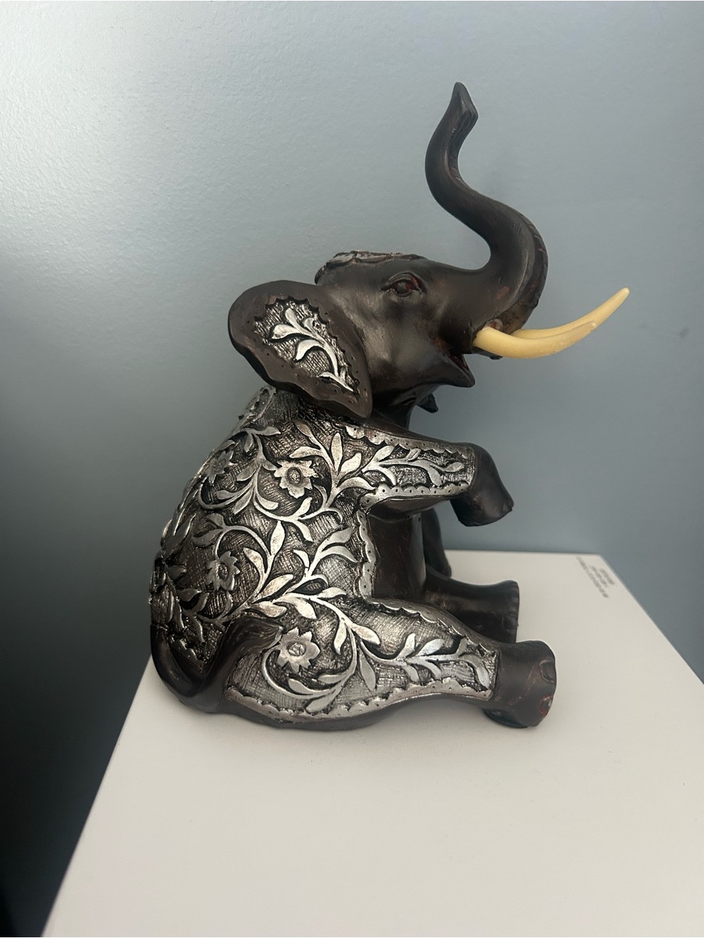 Ornate Dark Brown & Silver Floral Elephant Sculpture